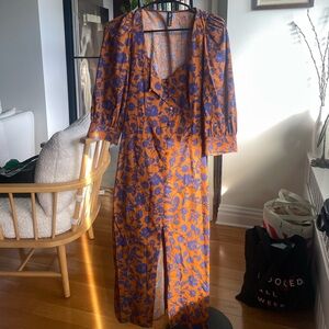 Puff sleeve printed midi dress